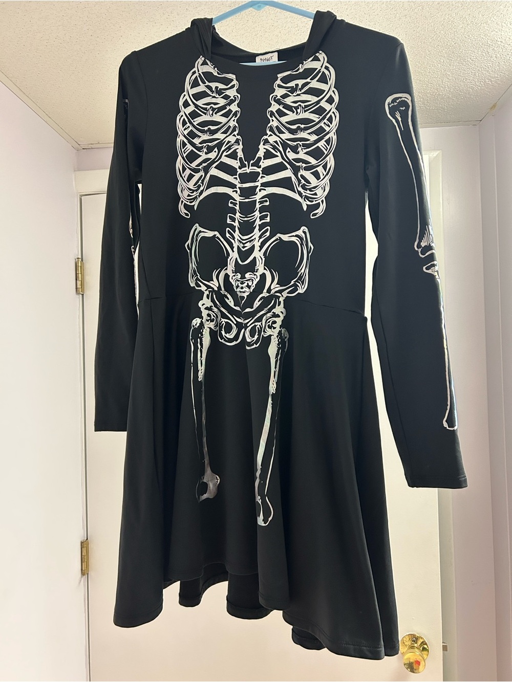Spirit Halloween Adult Black Hooded Skeleton Dress with Holographic Bones